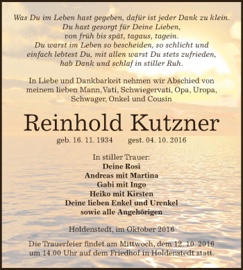 Traueranzeige von Reinhold Kutzner von Super Sonntag SGH Mansf. Land