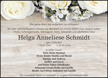 Traueranzeige von Helga Anneliese Schmidt von Wochenspiegel Mansfelder Land