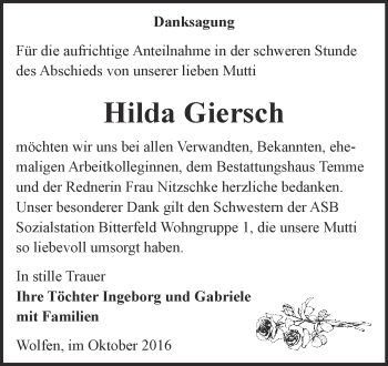 Traueranzeige von Hilda Giersch von WVG - Wochenspiegel Bitterfeld