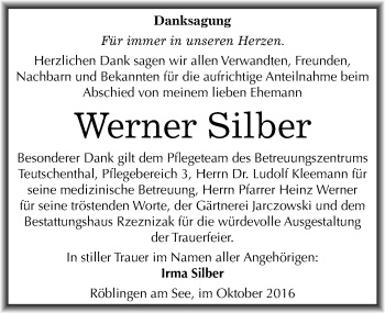 Traueranzeige von Werner Silber von Mitteldeutsche Zeitung Mansfelder Land