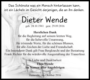 Traueranzeige von Dieter Wende von Super Sonntag SGH Mansf. Land