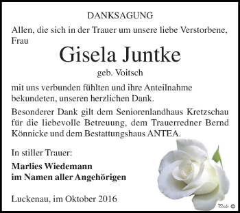 Traueranzeige von Gisela Juntke von Super Sonntag Zeitz