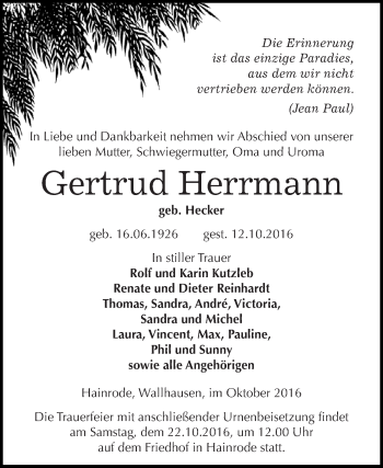 Traueranzeige von Gertrud Herrmann von Super Sonntag SGH Mansf. Land