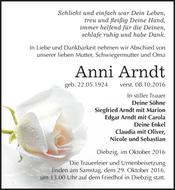 Traueranzeige von Anni Arndt von Mitteldeutsche Zeitung Köthen