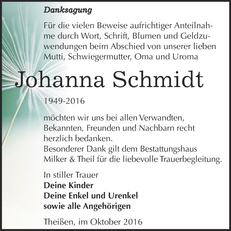  Traueranzeige für Johanna Schmidt vom 08.10.2016 aus Super Sonntag Zeitz