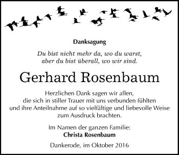 Traueranzeige von Gerhard Rosenbaum von Mitteldeutsche Zeitung Quedlinburg