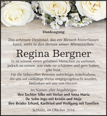 Traueranzeige von Regina Bergner von Mitteldeutsche Zeitung Bitterfeld