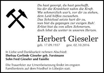 Traueranzeige von Herbert Gieseler von Mitteldeutsche Zeitung Halle/Saalkreis