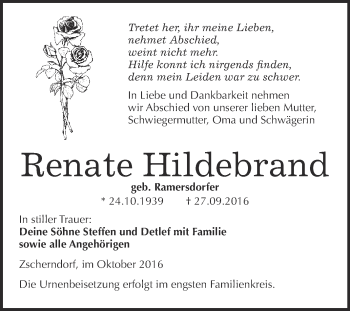 Traueranzeige von Renate Hildebrand von WVG - Wochenspiegel Bitterfeld