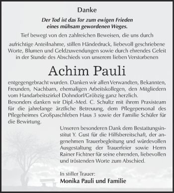 Traueranzeige von Achim Pauli von WVG - Wochenspiegel Dessau / Köthen