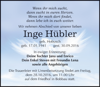 Traueranzeige von Inge Hübler von Mitteldeutsche Zeitung Bitterfeld