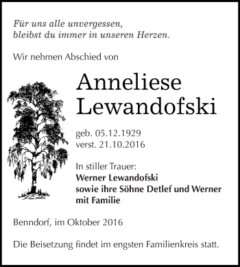 Traueranzeige von Anneliese Lewandofski von Super Sonntag SGH Mansf. Land