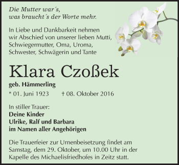 Traueranzeige von Klara Czoßek von Mitteldeutsche Zeitung Zeitz
