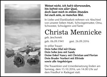 Traueranzeige von Christa Mennicke von Mitteldeutsche Zeitung Köthen