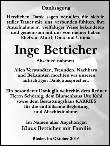 Traueranzeige von Inge Betticher von WVG - Wochenspiegel Quedlinburg