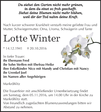 Traueranzeige von Lotte Winter von WVG - Wochenspiegel NMB / WSF / ZTZ