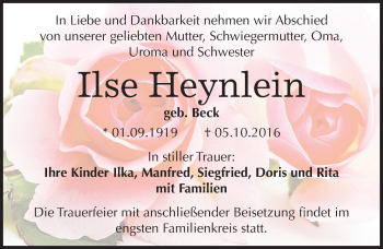 Traueranzeige von Ilse Heynlein von Mitteldeutsche Zeitung Wittenberg