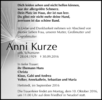 Traueranzeige von Anni Kurze von Mitteldeutsche Zeitung Mansfelder Land
