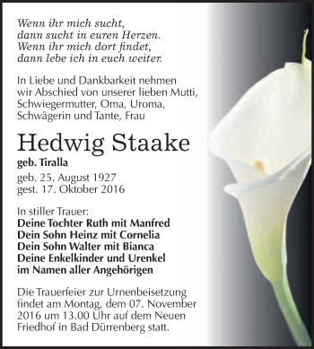 Traueranzeige von Hedwig Staake von WVG - Wochenspiegel Merseburg