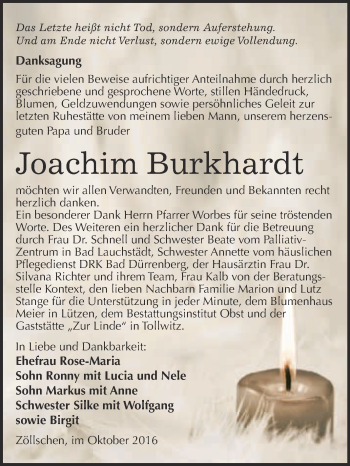 Traueranzeige von Joachim Burkhardt von Super Sonntag Merseburg