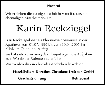 Traueranzeige von Karin Reckziegel von Mitteldeutsche Zeitung Quedlinburg