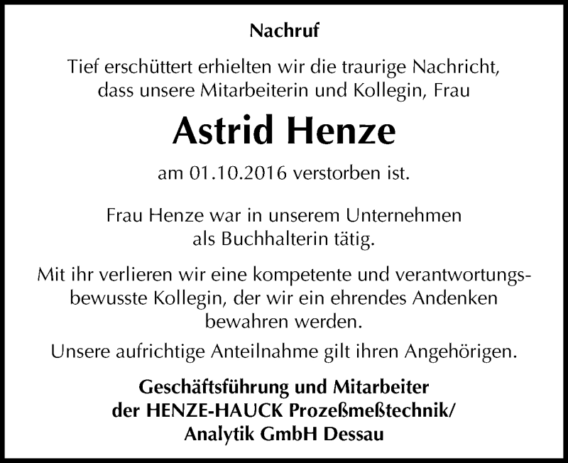  Traueranzeige für Astrid Henze vom 08.10.2016 aus Mitteldeutsche Zeitung Dessau-Roßlau
