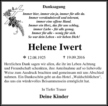 Traueranzeige von Helene Iwert von Mitteldeutsche Zeitung Dessau-Roßlau
