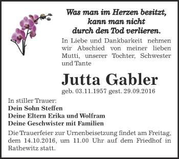 Traueranzeige von Jutta Gabler von WVG - Wochenspiegel NMB / WSF / ZTZ