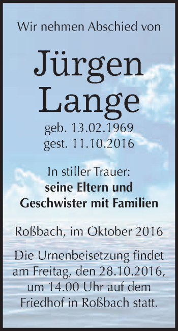 Traueranzeige von Jürgen Lange von WVG - Wochenspiegel Merseburg