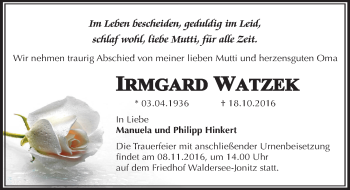 Traueranzeige von Irmgard Watzek von Mitteldeutsche Zeitung Dessau-Roßlau