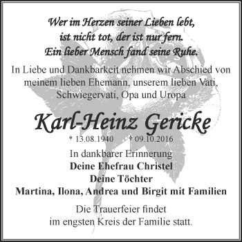 Traueranzeige von Karl-Heinz Gericke von WVG - Wochenspiegel Dessau / Köthen