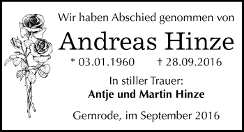 Traueranzeige von Andreas Hinze von Mitteldeutsche Zeitung Quedlinburg