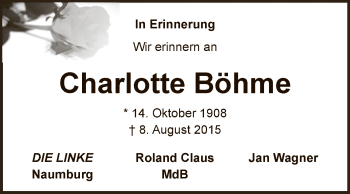 Traueranzeige von Charlotte Böhme von WVG - Wochenspiegel NMB / WSF / ZTZ