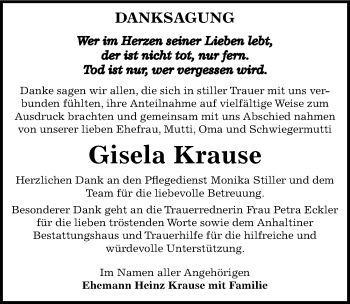 Traueranzeige von Gisela Krause von Mitteldeutsche Zeitung Dessau-Roßlau