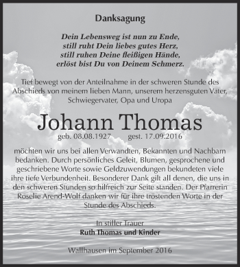 Traueranzeige von Johann Thomas von Super Sonntag SGH Mansf. Land