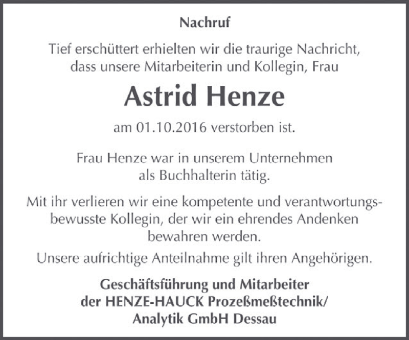  Traueranzeige für Astrid Henze vom 08.10.2016 aus WVG - Wochenspiegel Dessau / Köthen