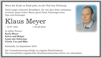 Traueranzeige von Klaus Meyer von Mitteldeutsche Zeitung Mansfelder Land