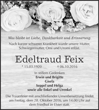 Traueranzeige von Edeltraud Feix von WVG - Wochenspiegel Wittenberg