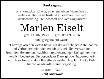 Traueranzeige von Marlen Eiselt von Mitteldeutsche Zeitung Dessau-Roßlau