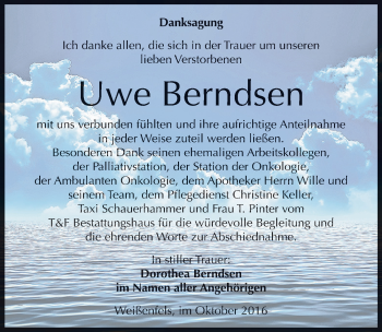 Traueranzeige von Uwe Berndsen von Mitteldeutsche Zeitung Weißenfels