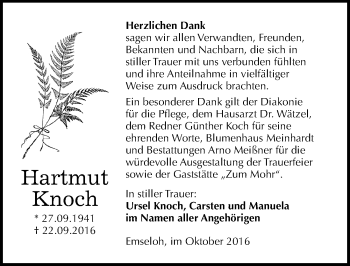 Traueranzeige von Hartmut Knoch von Mitteldeutsche Zeitung Sangerhausen