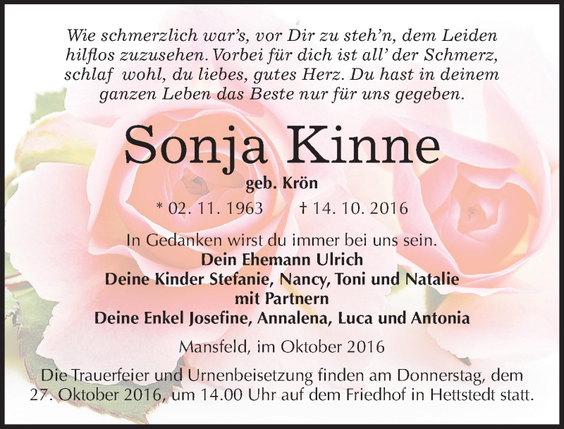  Traueranzeige für Sonja Kinne vom 19.10.2016 aus Mitteldeutsche Zeitung Mansfelder Land