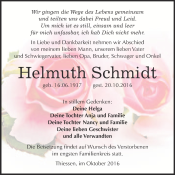 Traueranzeige von Helmuth Schmidt von Super Sonntag Wittenberg