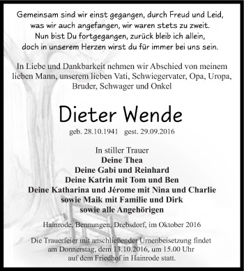 Traueranzeige von Dieter Wende von Super Sonntag SGH Mansf. Land