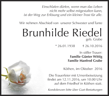 Traueranzeige von Brunhilde Riedel von WVG - Wochenspiegel Dessau / Köthen