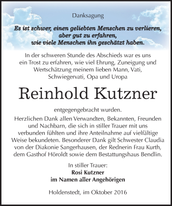 Traueranzeige von Reinhold Kutzner von Mitteldeutsche Zeitung Sangerhausen