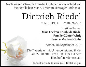 Traueranzeige von Dietrich Riedel von WVG - Wochenspiegel Dessau / Köthen