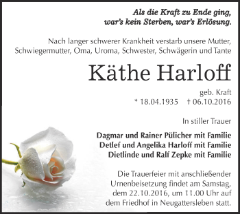 Traueranzeige von Käthe Harloff von Super Sonntag Bernburg