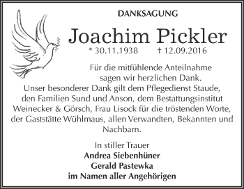 Traueranzeige von Joachim Pickler von Super Sonntag Bernburg
