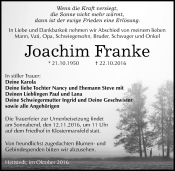 Traueranzeige von Joachim Franke von Mitteldeutsche Zeitung Mansfelder Land